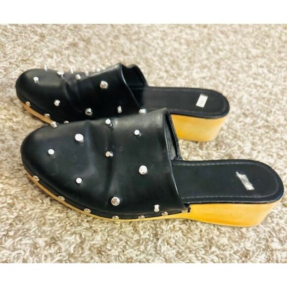 Black Studded Whimsigoth Punk Leather Slip-On Mules Wooden Platform Heel 8/8.5 - Picture 3 of 6